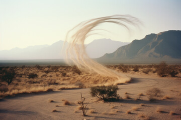 Fototapete - Spiraling dust devil in a desert landscape, illustrating the dynamic and ephemeral nature of these small-scale atmospheric phenomena.