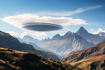 Fototapete - Lenticular cloud formation over mountain peaks, creating a striking and surreal atmospheric display.
