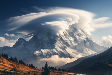 Fototapete - Lenticular cloud formation over mountain peaks, creating a striking and surreal atmospheric display.