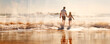 A family of a father mother and children walking on the beach, the drawing is made in the style of watercolor painting. Walking along the sea summer coast. Family vacations abroad. Travel