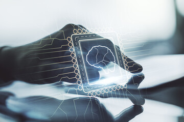 Wall Mural - creative artificial intelligence concept with human brain sketch and finger presses on a digital tab