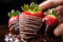 Chocolate Cake With Fresh Strawberries On A Dark Background. Selective Focus, A Close-up Of A Hand-dipped Chocolate Covered Strawberry, AI Generated