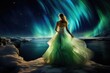 Young woman in white dress against night sky with aurora borealis, A couple embracing under the beautiful display of northern lights, AI Generated