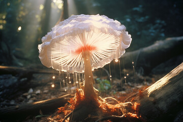 Fototapete - A captivating image of a mushroom casting a radiant halo of light, offering a celestial and divine quality for creative and spiritual designs.