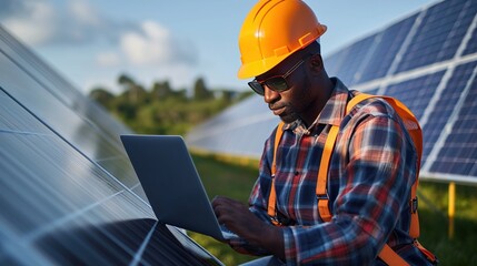 Canvas Print - African american engineering are about to checking solar panels. Electrical and instrument technician use laptop to maintenance electric solution 