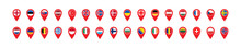 European Flags In The Geo Location Icon. Europe Countries Map Pin Set Signs. Nation Symbol. Banner Of France, Germany, Italy, British, And Other Symbols. Square Form Icons. Vector Isolated Sign.