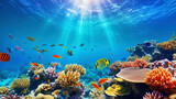 Fototapeta Do akwarium - Underwater view of a colorful sea coral reef with fishes. Ocean ecosystem. Generative AI