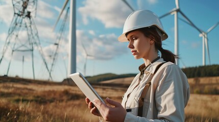 Poster - Beautiful caucasian woman in white helmet working with digital tablet at renewable energy farm. Female inspector controlling functioning of wind turbines outdoors