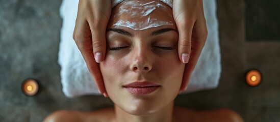 Poster - Middle-aged woman having head massage, relaxed and receiving anti-aging beauty treatments in spa. Top view.