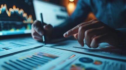 Wall Mural - businessman, finance analyst analyzing stock market trend and economic graph growth chart
