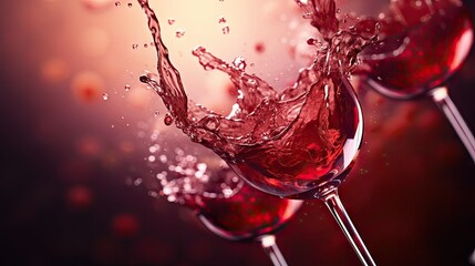 Wall Mural - Splashing red wine in a wine glass imitation close up on red background