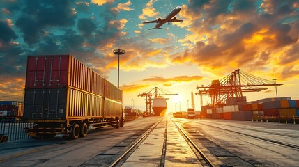 Canvas Print - container truck ,ship in port and freight cargo plane in transport and import-export commercial logistic ,shipping business industry