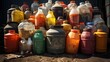 Used pesticide containers clutter together, demonstrating the aftermath of agricultural processes.