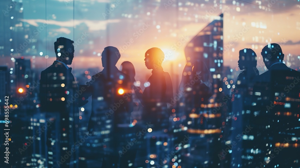 Double exposure image of many business people conference group meeting ...
