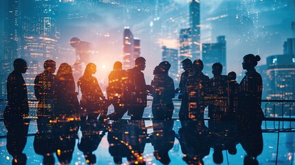 Canvas Print - Double exposure image of many business people conference group meeting on city office building in background showing partnership success of business deal. Concept of teamwork