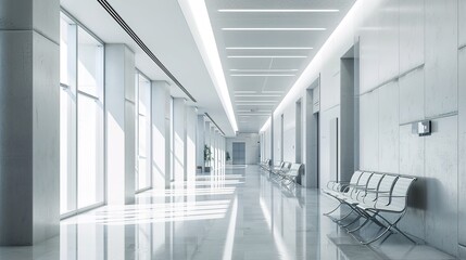 Wall Mural - Empty modern hospital corridor, clinic hallway interior background with white chairs for patients waiting for doctor visit. Contemporary waiting room in medical office