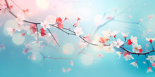 Branch Of A Blossoming Tree On A Blue Background, Gentle Spring Background In Pastel Colors