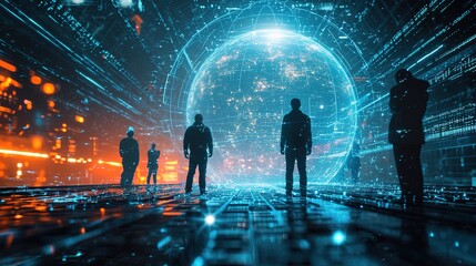 Global hologram, business people and digital transformation with scifi, cyberpunk or information technology light innovation background. Futuristic