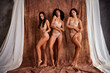 © deagreez - Full length no retouch photo of gorgeous tender slim tanned womans body isolated on beige color textile background