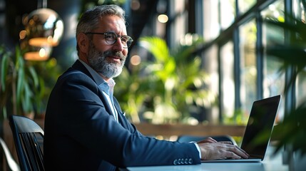 Wall Mural - Happy busy middle aged business man ceo wearing suit sitting at desk in office using laptop. Mature businessman professional executive manager working on computer corporate technology at workplace