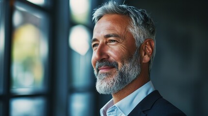 Wall Mural - Happy middle aged business man ceo entrepreneur standing in office. Smiling mature confident professional executive manager, confident businessman leader looking away, headshot close up