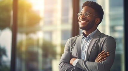 Wall Mural - Happy, portrait of black businessman with arms crossed and at office building outside with a lens flare. Happiness, good news and confident or cheerful African male person outdoors of workplace