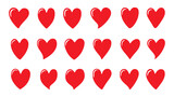 Fototapeta Tematy - Set of red hearts icons. Hand drawn love symbol collection isolated on white background. Romantic design elements for Valentine's day. Flat colored illustration of various red hearts. Vector illustrat