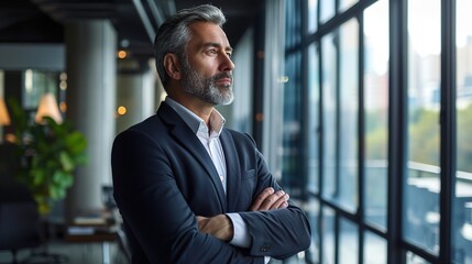 Wall Mural - Happy proud mid aged mature professional business man ceo executive wearing suit standing in office arms crossed looking away thinking of success, leadership