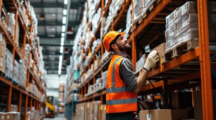 Happy warehouse worker pulling a flat while picking orders