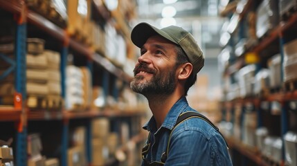 Wall Mural - Happy warehouse worker pulling a flat while picking orders