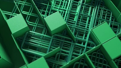 Sticker - 3D maze of interlocking purple cubes and grids, cast in a monochromatic green light.