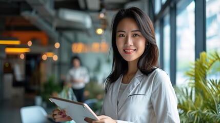 Poster - Happy young Asian saleswoman looking at camera welcoming client. Smiling woman executive manager, secretary offering professional business services holding digital tablet standing in office.