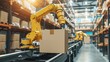 Industrial robot arm grabbing the cardboard box on roller conveyor rack with storage warehouse background