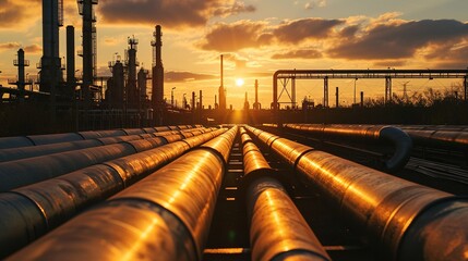 Poster - Large industrial gas pipelines in a modern refinery at sunrise