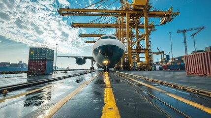 Canvas Print - Logistics and transportation of a cargo plane and container ship with a functional crane bridge in a shipyard