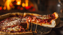 Shallow depth of field (selective focus) image with a tasty deep dish pizza. Generative AI.