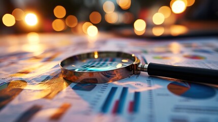 Wall Mural - Magnifying glass and documents with analytics data lying on table,selective focus