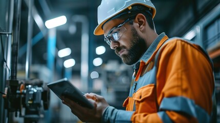 Canvas Print - Male engineer and tablet working at manufacturing factory. Close-up of engineer Male using yoke machine. Male engineer is wearing protective glasses in factory