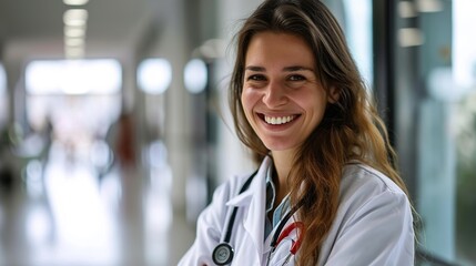 portrait of happy doctor in hospital with research to search for medicine on online media. Woman, smile or medical