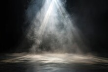 Mysterious And Atmospheric Scene With Dark Empty Space. Floor Is Illuminated By Spotlight Creating Dramatic Interplay Of Light And Shadows. Presence Of Smoke Or Mist Element Of Mystery Ambiance