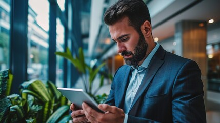 Handsome businessman using his tablet in the office