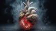 Human Heart in Cigarette and Vape Smoke on a Dark Background. Anatomical View. Heart Diseases and Infarct. For Cardiology. Smoking harm concept. Cardiovascular Disease Awareness. 3D Illustration.