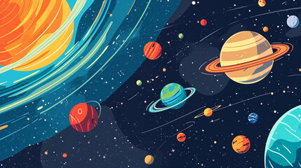 Canvas Print - Space background for kids with planets and stars from surface of Moon, cartoon illustration