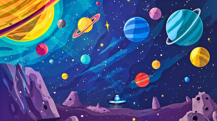 Canvas Print - Space background for kids with planets and stars from surface of Moon, cartoon illustration