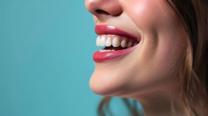 Poster - Teeth, smile and mouth of a woman for dental care isolated on a blue background in studio. Healthcare, happy and model showing the results of a tooth whitening treatment and promotion of oral hygiene 