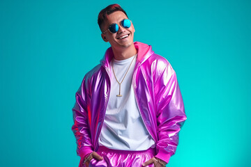 Wall Mural - Gen-z handsome asian fashionable male, wearing neon stylish clothes, happy, smiling, retro style in the style of Vaporwave fashion