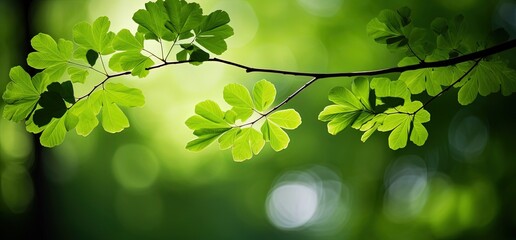 Wall Mural - greenery scenery under green leaves branch tree shade with bright light, green park outdoor background backdrop wallpaper, Generative Ai