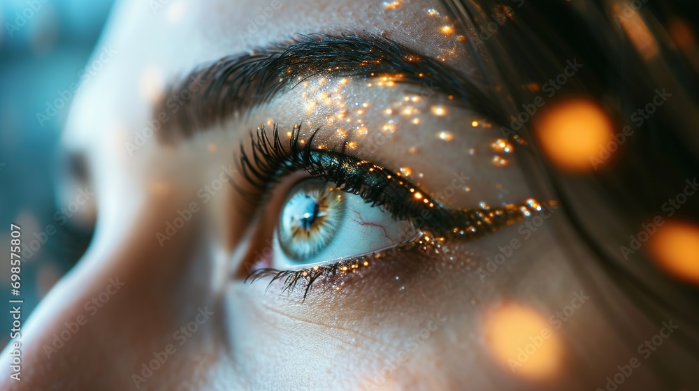 Woman, face and eyes looking for biometrics, optics or vision in the ...