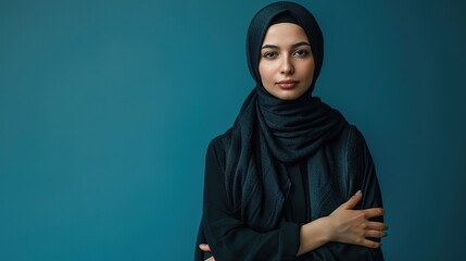 Sticker - Young confident arabian asian muslim woman in abaya hijab with hands crossed folded isolated on a plain blue background studio portrait