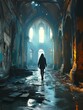 a girl in a hood in abandoned church in the style of cyberpunk dystopia. dark cyan and amber, dark and spooky themes. generative AI